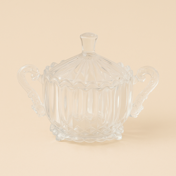 Clear Glass Sugar Bowl with Lid & Ornate Fish Handles