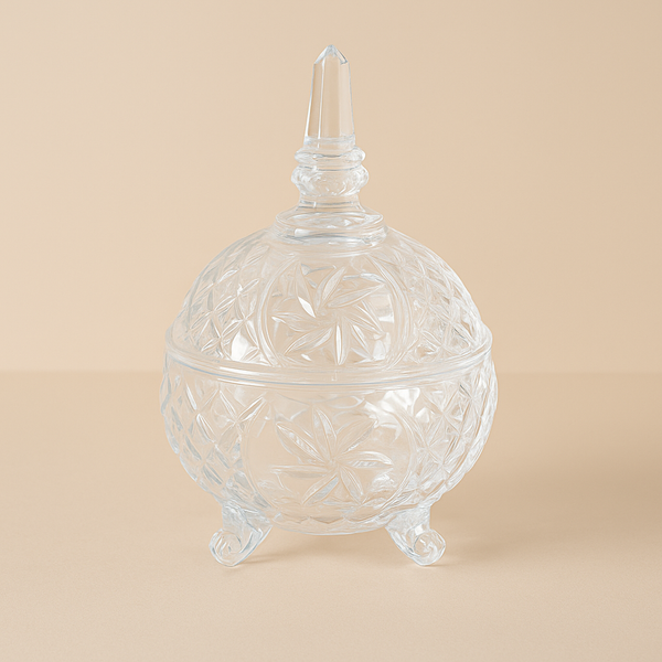 Clear Glass Candy Pot with Lid – Elegant Patterned Design – Tp-1F6504Eta