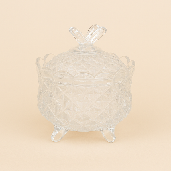 Clear Glass Candy Jar with Lid 7cm (H) x 10cm (D) - Diameter – Intricate Diamond Pattern – S502