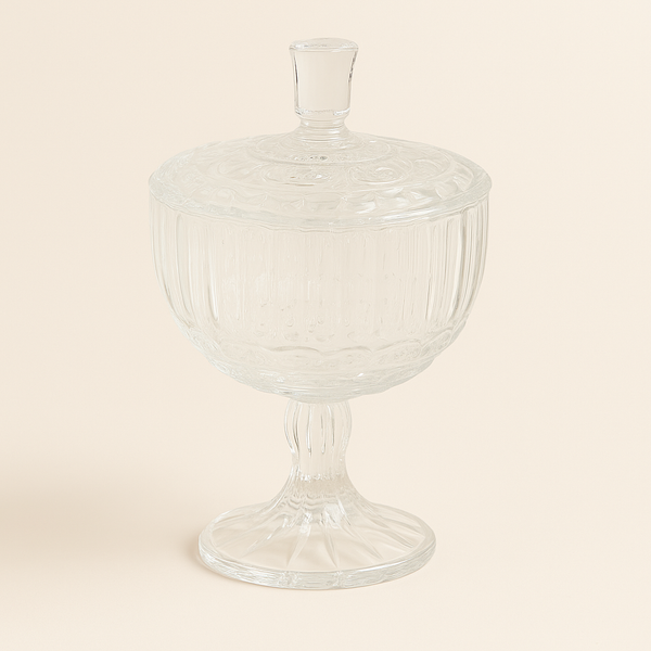 Clear Glass Sugar Bowl with Lid & Pedestal Base – 12cm Height – NE-31167-P