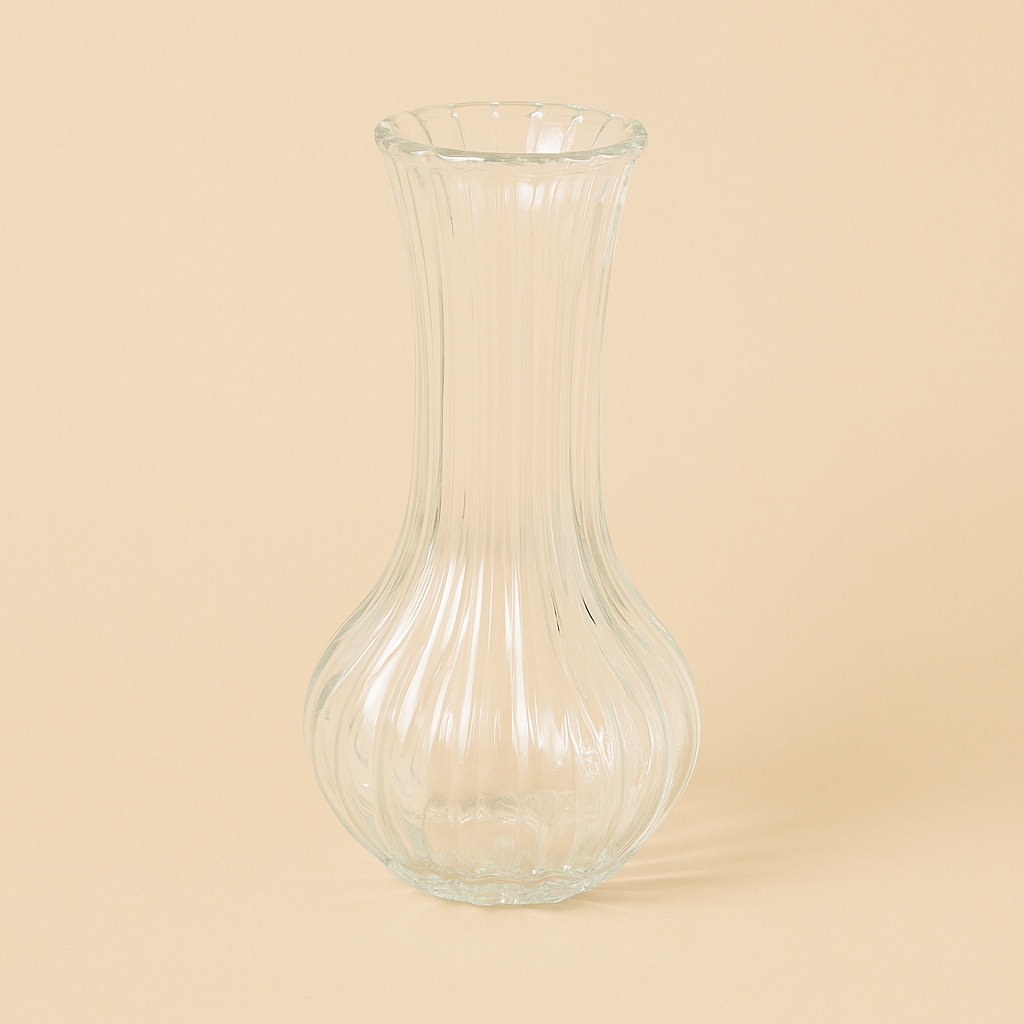 Clear Glass Flower Vase - 22cm Height – Vertical Ribbed Design – HUD25754