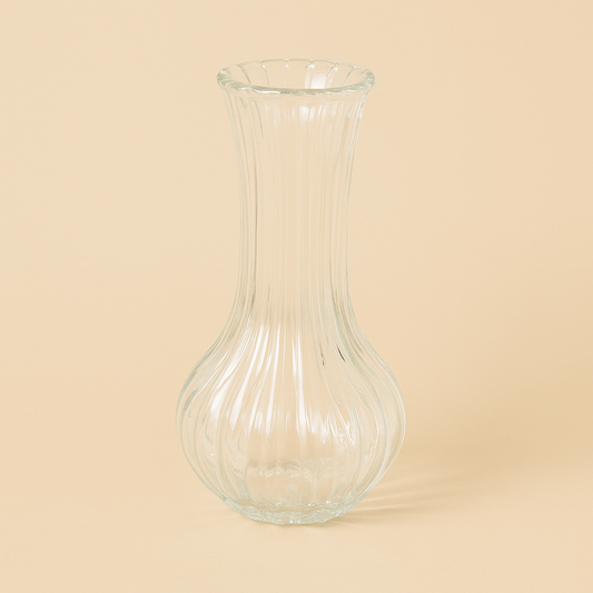 Clear Glass Flower Vase - 22cm Height – Vertical Ribbed Design – HUD25754