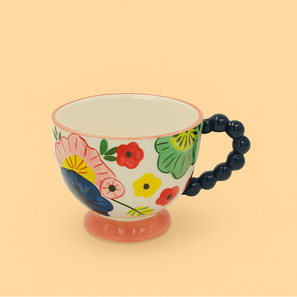 Ceramic Cup with Colorful Floral Design and Beaded Navy Handle – 11cm (D) x 9cm (H) – 99320-17
