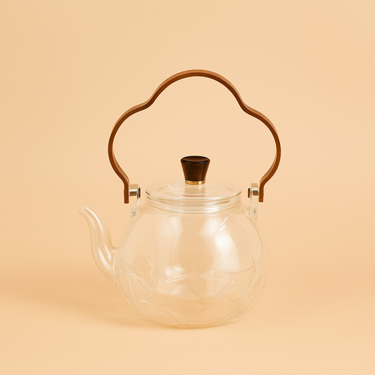 49414-3 – Glass Tea Pot with Wooden Handle – Clear – Floral Pattern Design