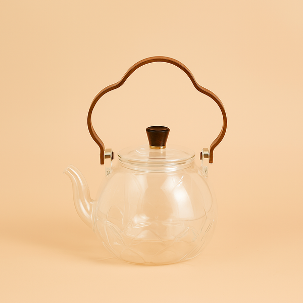 49414-3 – Glass Tea Pot with Wooden Handle – Clear – Floral Pattern Design