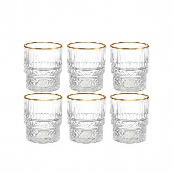 Glass Tumbler Set – 6 Piece – Elegant Gold Rim – MC113JW