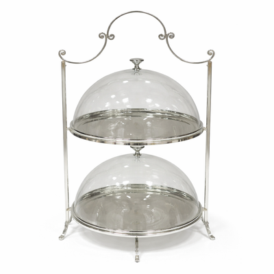 HO-990A-L-2S 2-Tier Round Metal Cake Stand with Clear Dome Lids – 26cm (D) – Silver Finish