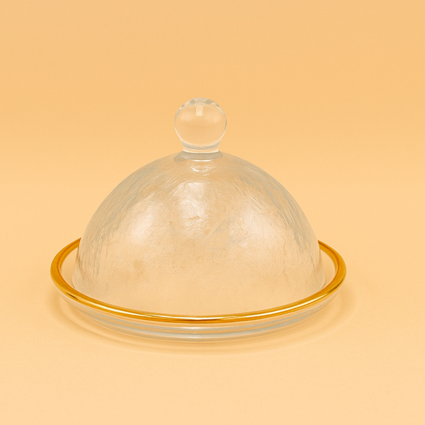Glass Cake Plate with Gold Rim and Dome Cover – 15 cm Diameter – JM2429