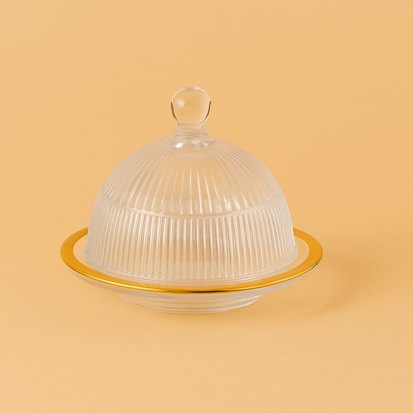 Glass Cake Plate with Frosted Dome Cover and Gold Rim – Elegant 15 cm Diameter – JM2425