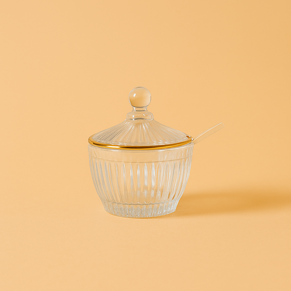 OCG220-Clear Glass Sugar Pot with Gold Rim and Spoon – Elegant Design for Kitchen & Table