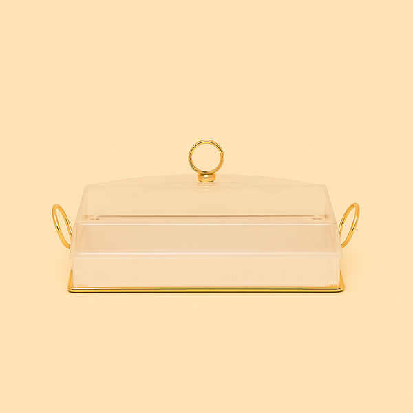 Acrylic Rectangle Tray with Lid – 34 cm (W) x 23 cm (L) – Gold Accents – CD-7466