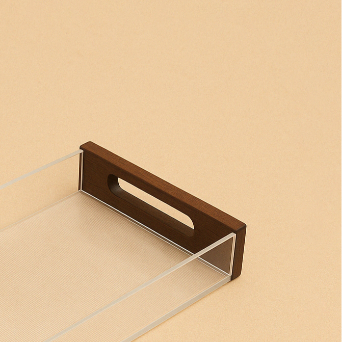 CD-7348 Acrylic Tray with Wooden Handles – 41cm (W) x 27cm (L) x 6cm (H)