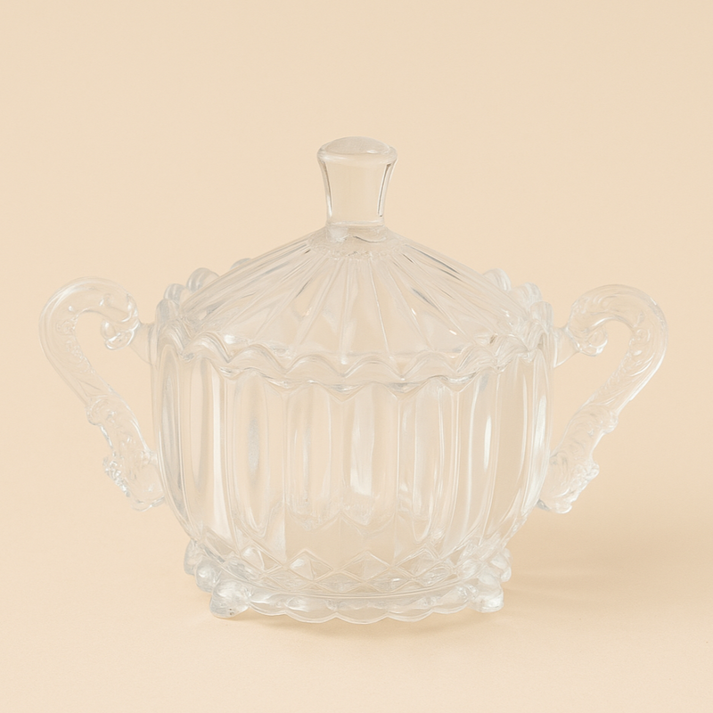 Clear Glass Sugar Bowl with Lid & Ornate Fish Handles