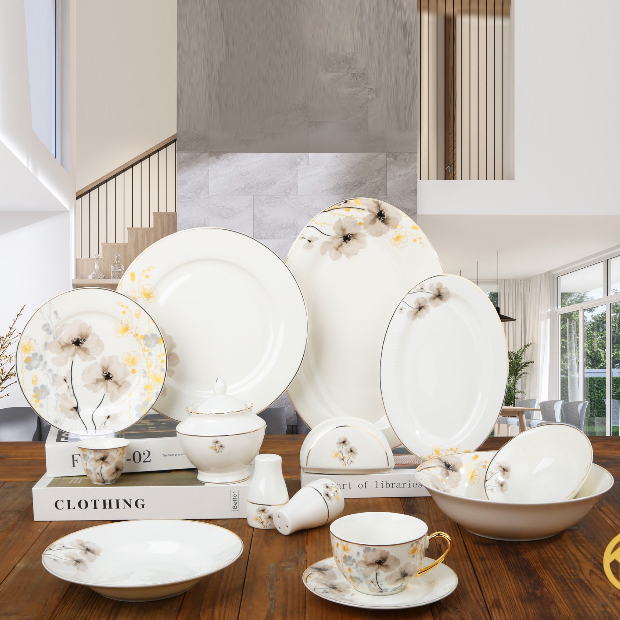 DA-24A387 Ceramic Dinnerware Set – 65-Piece – Beige & Yellow Floral ...