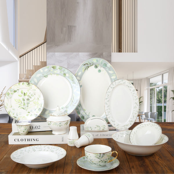 DS-24A315 Ceramic Dinnerware Set – 65-Piece – Green Leaf Design with Gold Rim | Siddiq Gifts Mussafah Abu Dhabi