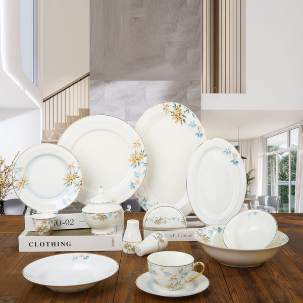 DS-24A342 Ceramic Dinnerware Set – 65-Piece – Yellow & Blue Floral with Gold Rim | Siddiq Gifts Mussafah Abu Dhabi