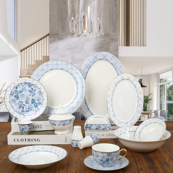 DS-24G146 Ceramic Dinnerware Set – 65-Piece – Blue Floral with Gold Rim | Siddiq Gifts Mussafah Abu Dhabi