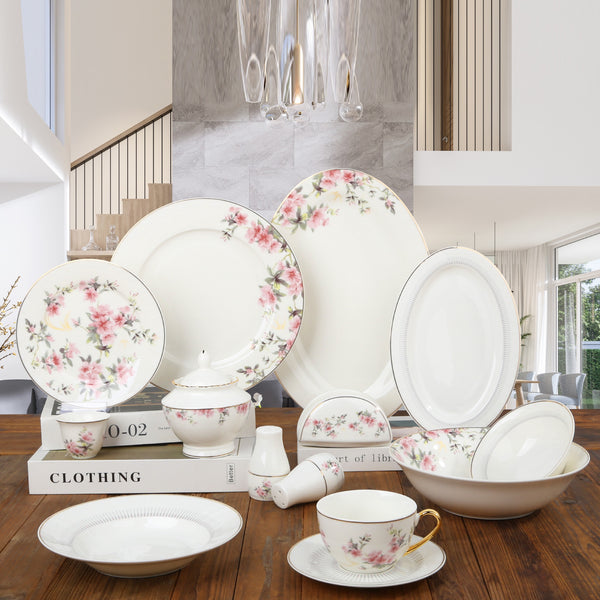 DS-25A026 Ceramic Dinnerware Set – 65-Piece – Pink Floral with Gold Rim | Siddiq Gifts Mussafah Abu Dhabi