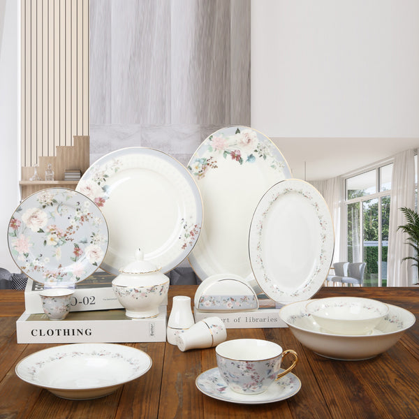 DS-25A032 Ceramic Dinner Set – 65-Piece – Pastel Floral with Gold Rim | Siddiq Gifts Mussafah Abu Dhabi