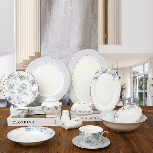 DS-25A038 Ceramic Dinnerware Set – 65-Piece – Blue Floral with Gold Rim | Siddiq Gifts Mussafah Abu Dhabi