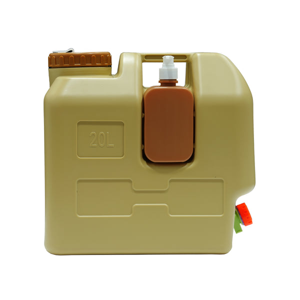TZ-80007 Plastic Water Bottle 20 Liter – Camping Water Container With Tap & Soap Dispenser – Beige