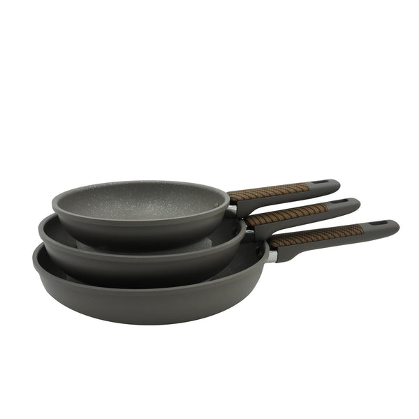 99591-01 – Fry Pan 3-Piece Set (20/24/28cm) – Chocolate Granite Finish