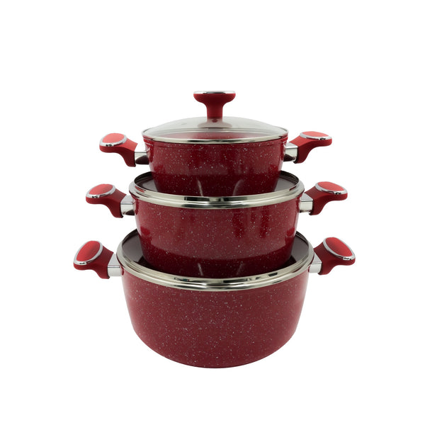 99592-14 Cookware Set with Glass Lids – 6-Piece (20cm / 24cm / 28cm) – Red Marble Finish