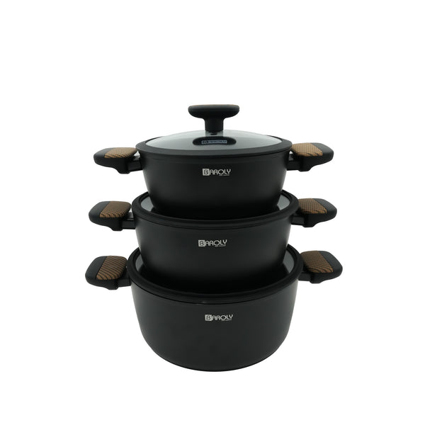 99591-04 Casserole Set with Glass Lid – 3PC (20cm / 22cm / 24cm) – Matte Black Finish