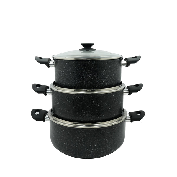 99592-13 Cookware Set with Glass Lids – 6-Piece (26cm / 28cm / 30cm) – Black Speckled Finish