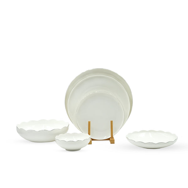 GL-239 Dinner Set 26-Piece – Elegant White Ceramic Plates and Bowls with Silver Rim – Durable Dinnerware for Everyday Use and Special Occasions