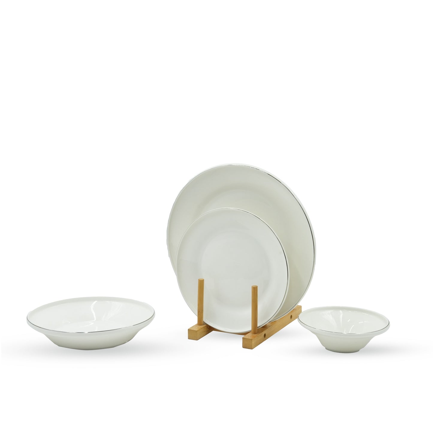 GL-243 Dinner Set 24-Piece – Elegant White Ceramic Plates and Bowls with Silver Rim – Durable and Stylish Dinnerware for Everyday and Special Occasions