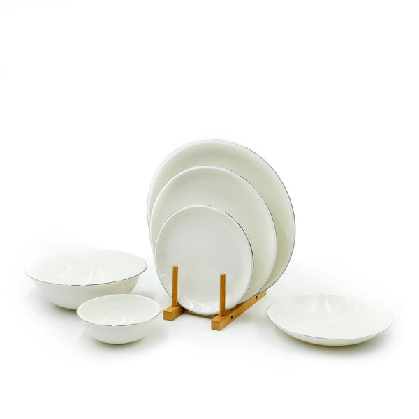 GL-247 Dinner Set 26-Piece – Elegant White Porcelain Plates and Bowls with Silver Rim – Durable and Stylish Dinnerware for Everyday Use and Special Occasions