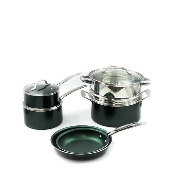 10-Piece Non-Stick Cookware Set – Dark Green with Silver - Durable Pots and Pans for Everyday Cooking