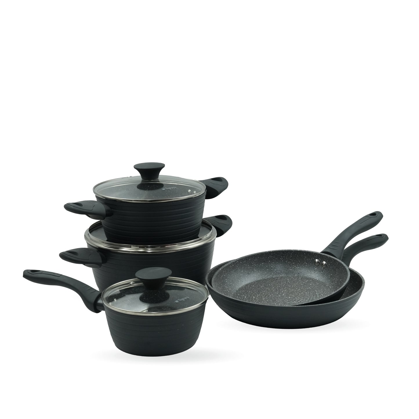 WO79108 Arde Cookware Set 8-Piece – Matte Black Finish – Non-Stick Durable Casserole Pots and Frying Pans with Glass Lids for Everyday Cooking