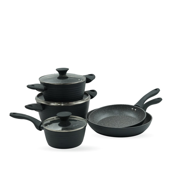WO79108 Arde Cookware Set 8-Piece – Matte Black Finish – Non-Stick Durable Casserole Pots and Frying Pans with Glass Lids for Everyday Cooking