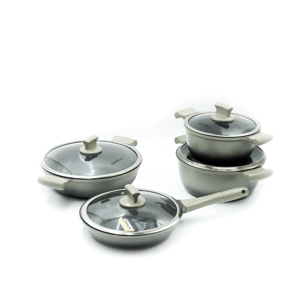 GV-368 Cookware Set 8-Piece – Light Grey Granite Finish - Non-Stick Durable Pots and Pans with Glass Lids for Everyday Cooking