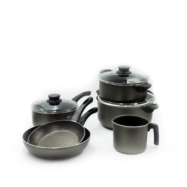 27899386 14-Piece Cookware Set – Dark Grey Finish - Non-Stick Durable Pots, Pans, and Utensils with Glass Lids for Everyday Cooking