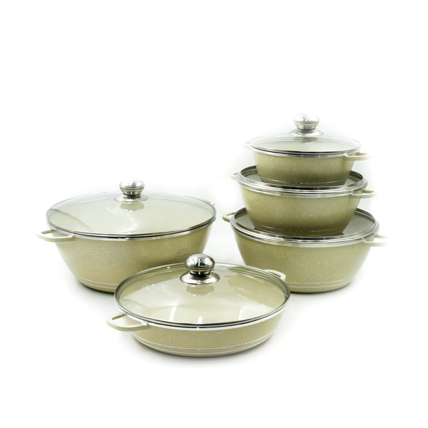 9298 Cookware 10-Piece Set – Beige Granite Finish - Non-Stick Durable Pots with Glass Lids for Everyday Cooking