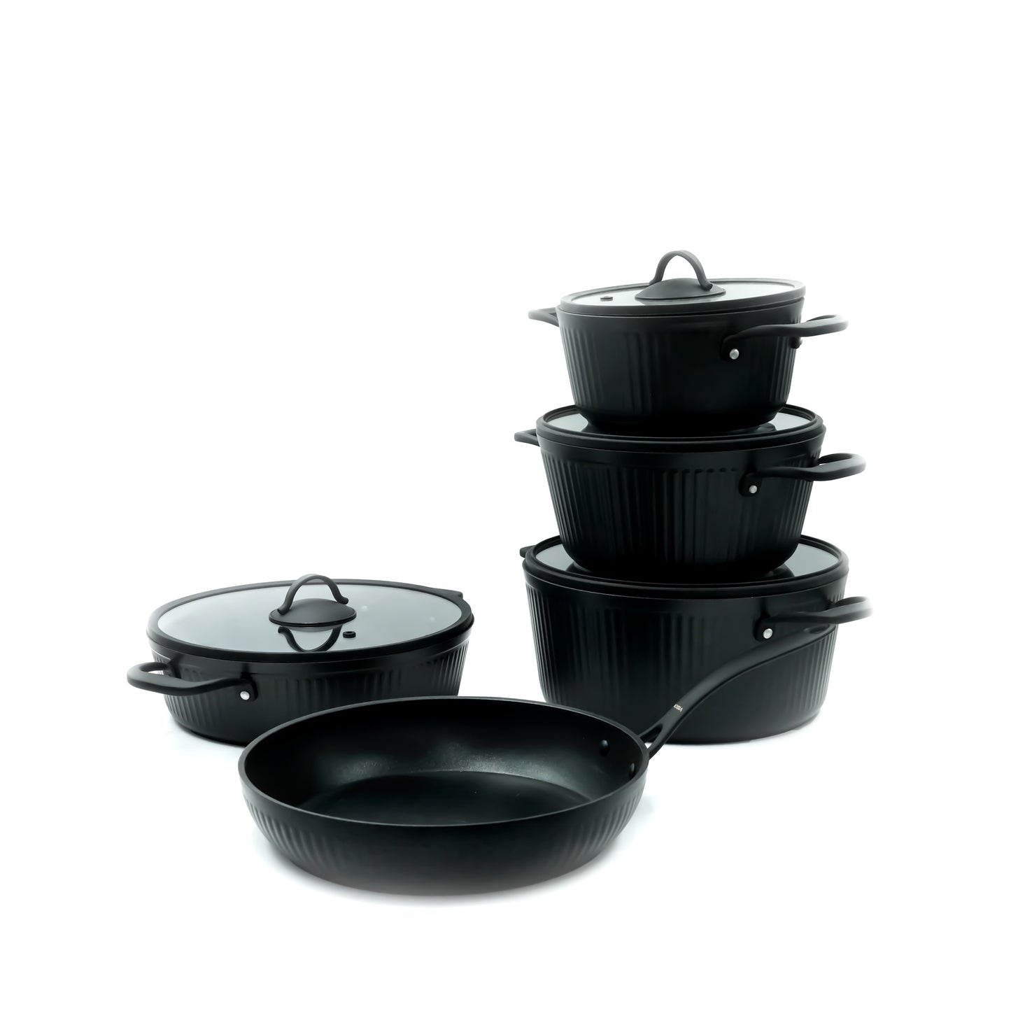 Vision Cookware Set 9-Piece – Matte Black Finish - Non-Stick Durable Pots and Pans with Glass Lids for Everyday Cooking