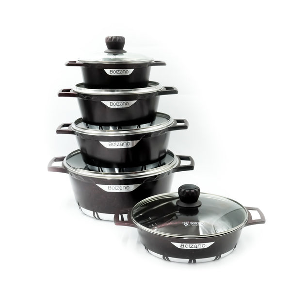 Bolzano Granite Cookware Set 10-Piece – Dark Maroon Granite Finish - Non-Stick Durable Casseroles with Glass Lids for Everyday Cooking