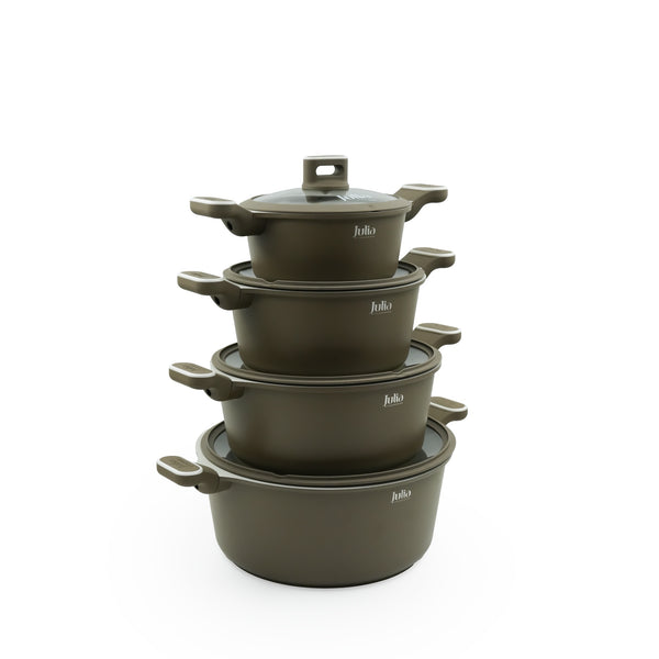 JU1047 Julia Cookware Set 8-Piece – Matte Brown Finish - Non-Stick Durable Casserole Pots with Glass Lids for Everyday Cooking