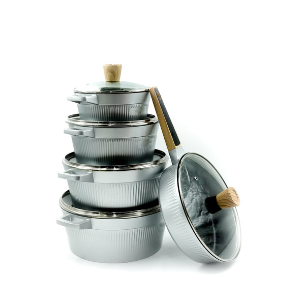 ERK-10SET Cookware Set 10-Piece – Silver Finish with Wooden-Style Handles - Non-Stick Durable Casserole Pots and Frying Pan with Glass Lids for Everyday Cooking