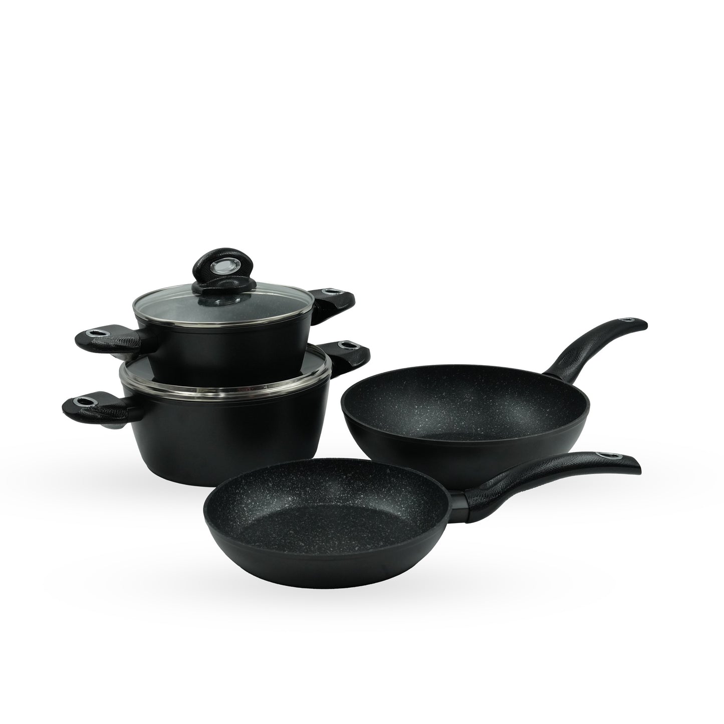 BG35776GY Bergner Orion Cookware Set 6-Piece – Black Granite Finish - Non-Stick Durable Pots and Frying Pans with Glass Lids for Everyday Cooking