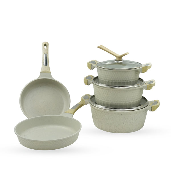 MAI-4597 Ceramic Cookware Set 8-Piece – Beige Speckled Finish – Non-Stick Durable Pots and Pans with Glass Lids for Everyday Cooking