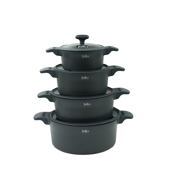 JU1088 Julia Cookware Set 8-Piece – Matte Gray Finish – Non-Stick Durable Casserole Pots with Glass Lids for Everyday Cooking
