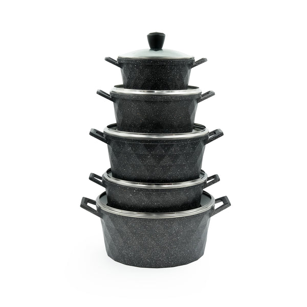 Pot16513 Casserole 10-Piece Set – Black Granite Finish – Non-Stick Durable Cooking Pots with Glass Lids for Everyday Use