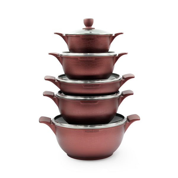 90402-06 Cookware 10-Piece Set – Deep Maroon Finish – Non-Stick Durable Casserole Pots with Glass Lids for Modern Kitchens