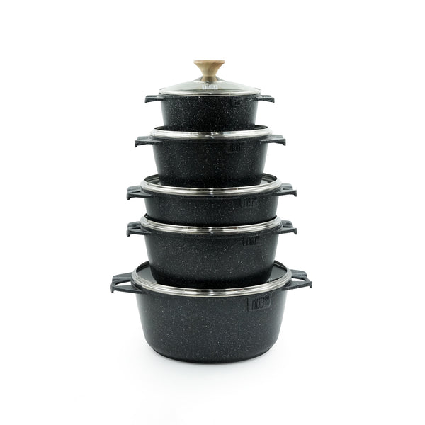 MC4558 Granite Cookware Set 10-Piece – Sleek Black Speckled Finish – Non-Stick Durable Casserole Pots with Tempered Glass Lids and Wooden-Style Knob