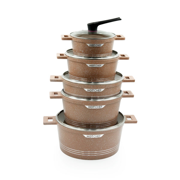 IE-56794-P HOTCHEF Cookware Set 10-Piece – Elegant Brown Granite Finish – Non-Stick Durable Casserole Pots with Glass Lids and Heat-Resistant Handles