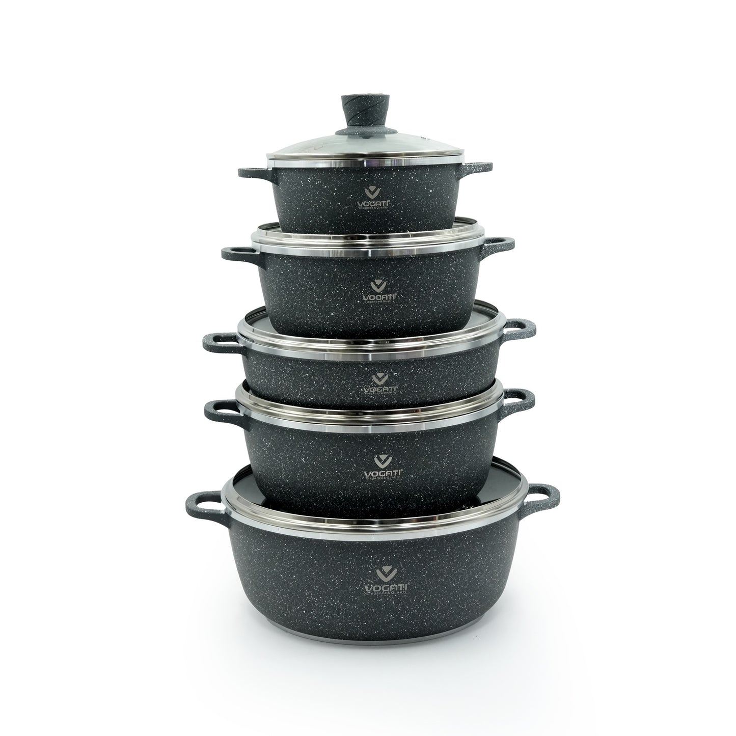 CSG-2SET Cookware Set 10-Piece – Premium Black Speckled Granite Finish – Non-Stick Casserole Pots with Tempered Glass Lids for Everyday Cooking